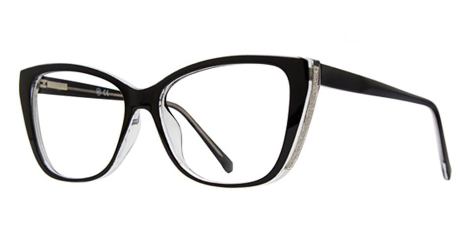 A pair of sleek black cat-eye eyeglasses, Metro 65 by Vivid, featuring transparent and glittery accents on the corners of the frames. These stylish glasses boast a glossy finish and jewelry-like detailing on their wide arms.