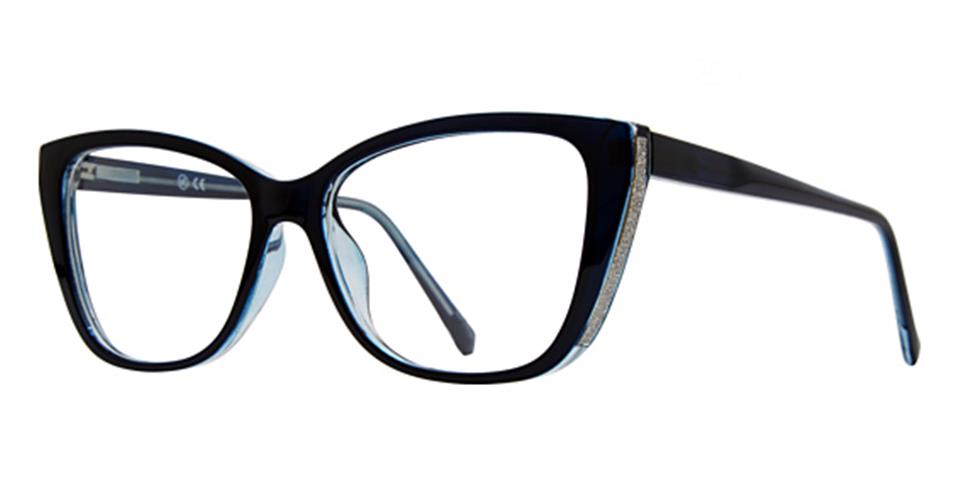 A pair of Vivid Metro 65 black cat-eye eyeglasses with a blue inner frame and shiny silver accents on the temples. The design is bold and stylish, featuring slightly upturned outer edges typical of cat-eye styles, adding a touch of jewelry-like detailing.