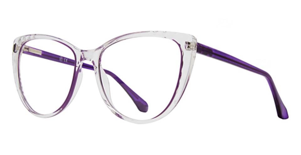 A pair of stylish eyeglasses with clear, cat-eye frames and purple temples, crafted from durable plastic. The Vivid Metro 66 frame boasts a subtle, modern look with a slightly oversized shape, perfect for a fashionable appearance.