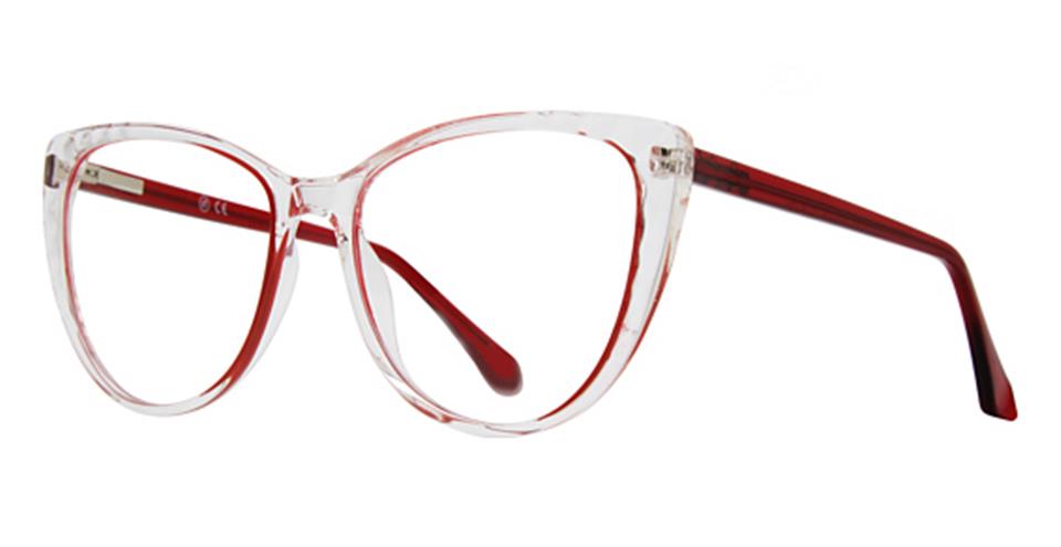 A pair of stylish cat-eye glasses with clear lenses. The frame is transparent with a subtle marbled pattern and a hint of red on the front, while the arms are solid red with a glossy finish. Crafted from durable plastic, these Metro 66 glasses by Vivid offer a retro yet modern look perfect for contemporary fashionistas.