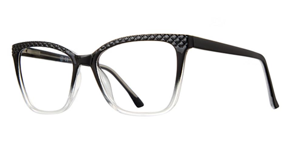 A pair of stylish eyeglasses featuring a Shiny Black Crystal Gradient top frame with a textured design that transitions to a clear lower frame. The shape is slightly cat-eye with wide, glossy temples. Introducing the Metro 67 by Vivid.