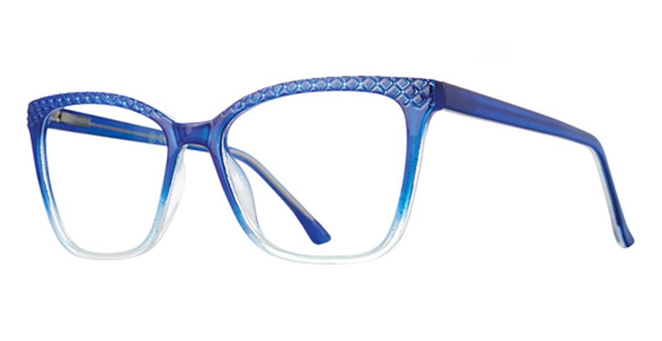 A pair of stylish, square-framed glasses with a Shiny Blue Crystal Gradient design. The top of the frames features a textured, diamond pattern. The arms of the glasses are a solid blue. These are the Metro 67 glasses from Vivid.