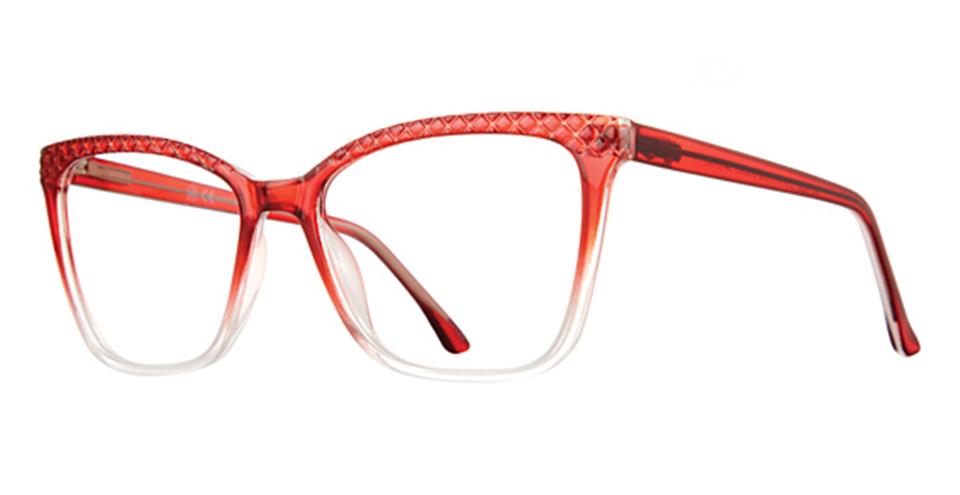 A pair of red, translucent eyeglasses with a gradient that fades to clear at the bottom of the frames. The top edges feature a textured, diamond-pattern design reminiscent of a shiny wine crystal gradient. The temples are solid red, matching the top of the frames. This is the Metro 67 by Vivid.