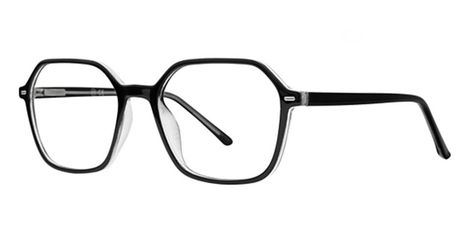 A black framed eyewear piece crafted from durable plastic, featuring clear lenses and labeled the stylish Vivid Metro 68.
