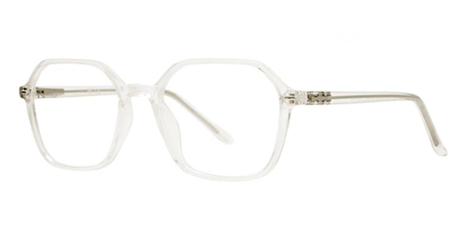 A pair of clear, hexagonal eyeglasses with thin, transparent frames and straight temples. The lenses are large with subtle angular corners, giving them a modern and minimalist appearance. Crafted from durable plastic, the Vivid Metro 68 eyewear features small metallic elements connecting the arms to the frame.