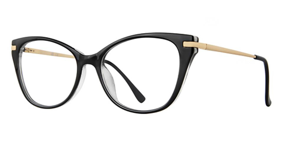 A pair of stylish Metro 69 eyeglasses by Vivid with black frames and slender gold-colored arms featuring gold detailing. The frames have a glossy finish, and the tips of the arms are also black, ensuring a comfortable fit for luxurious eyewear aficionados.