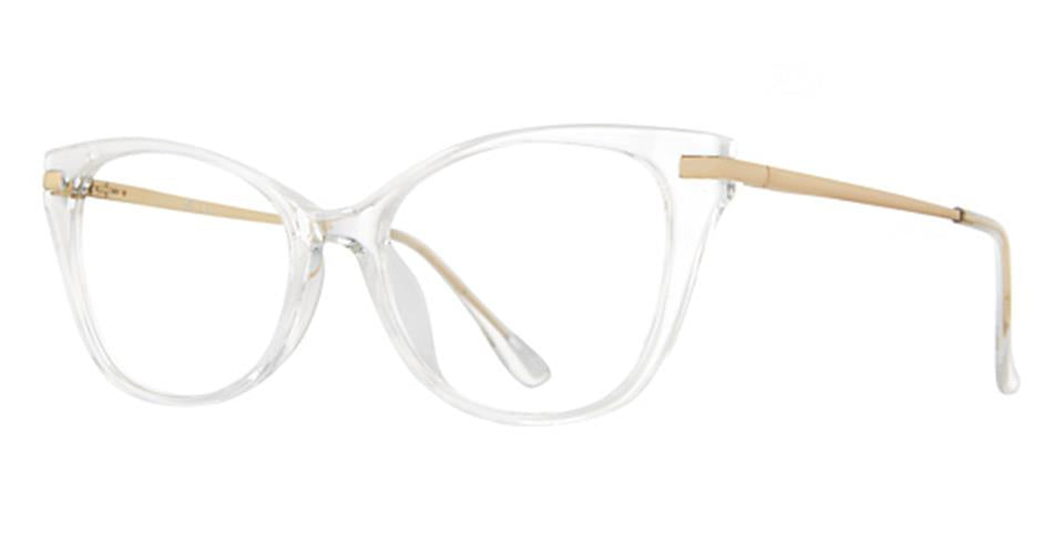 A pair of Vivid Metro 69 clear, cat-eye eyeglasses with thin, light gold metal arms and transparent nose pads. The design combines a modern and elegant style with luxurious gold detailing, featuring smooth curves and a slightly pointed frame at the top corners for a comfortable fit.