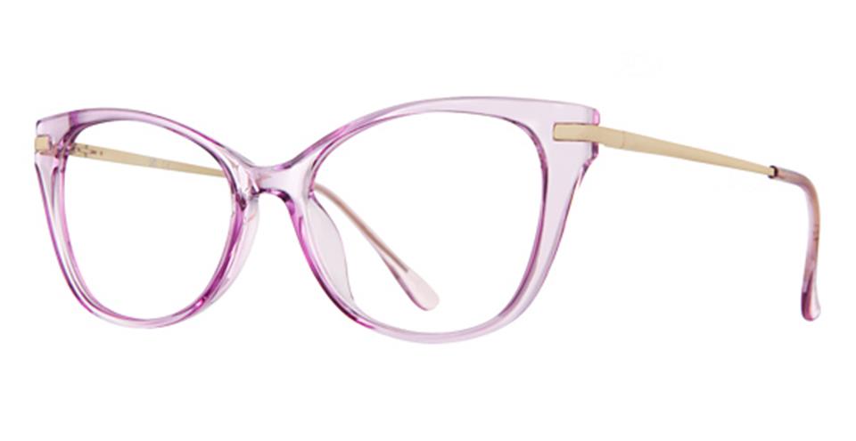 A pair of stylish, cat-eye glasses with transparent pink frames and thin, gold temples. The design is sleek and modern, offering a fashionable and elegant look. With luxurious Vivid Metro 69 gold detailing and a comfortable fit, the lenses are large, enhancing the bold and trendy appearance of the glasses.