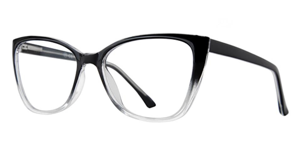 A pair of **Vivid Metro 70** black and white gradient cat-eye glasses with thick frames inclining from dark at the top to clear at the bottom. The temples are black, and the design combines retro charm with a modern twist, creating a perfect blend of contemporary elegance in eyewear.