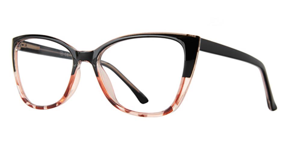 A pair of Vivid Metro 70 featuring cat-eye frames with contemporary elegance. The upper part of the frames is black, transitioning to a translucent blush pink color at the bottom, adding a modern twist. The arms of the eyewear are solid black.