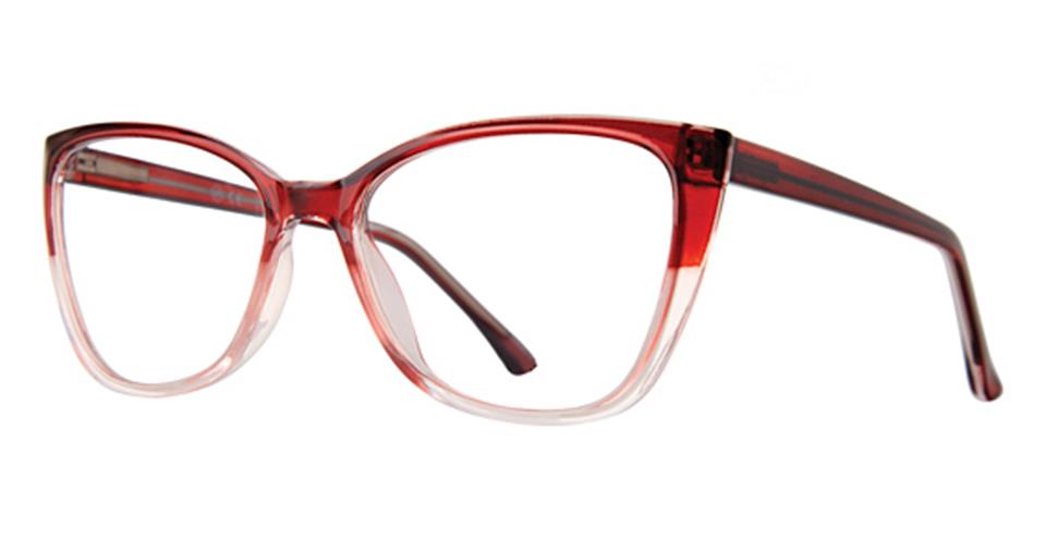 A pair of Vivid Metro 70 red, cat-eye glasses with clear bottom rims and smooth plastic frames. The temples are solid red, matching the upper portion of the lenses. This eyewear embodies a sleek and modern twist, suitable for everyday wear.