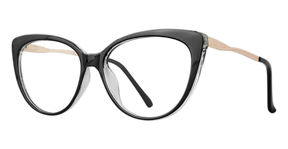 A pair of stylish eyeglasses with black, cat-eye shaped frames and thin, light beige temples. Branded by Vivid, these Metro 71 glasses are modern and chic, making them versatile accessories suitable for both casual and formal wear.