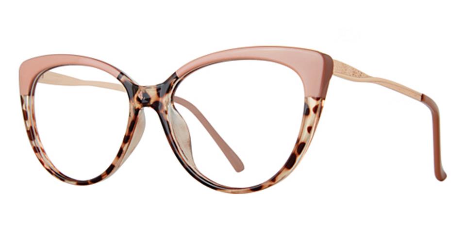 A pair of fashionable Vivid Metro 71 eyewear with a large cat-eye frame. The upper section of the frame is a soft pink color, while the lower section has a tortoiseshell design. Versatile accessories, the slim temples match the pink color of the upper frame, making them perfect for any occasion.