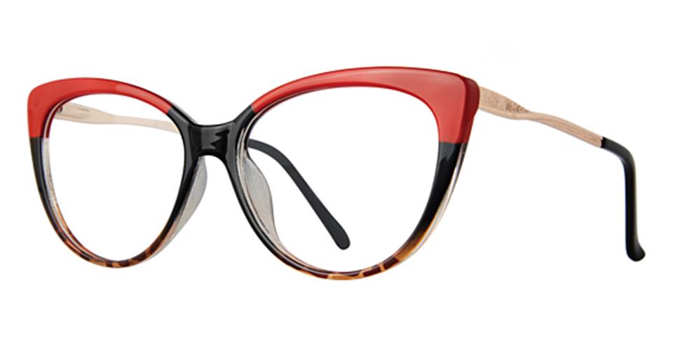 A pair of stylish cat-eye glasses, the Vivid Metro 71, featuring a bold design with a red and black upper frame and tortoiseshell lower rim. The temples are beige with a subtle pattern, and the tips are black—perfect versatile accessories for any wardrobe.