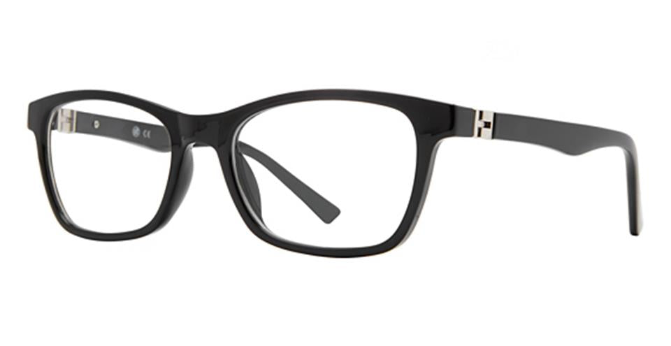 A pair of black rectangular Vivid Metro 73 eyewear with thick frames crafted from durable plastic and clear lenses. The temples are straight with a small metallic spring hinge detail near the front. The nose pads are integrated into the frame, adding to the modern and stylish design.