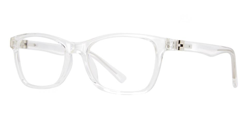 A pair of Vivid Metro 73 clear rectangular plastic eyeglasses with a transparent frame and slender arms. The frame has a slightly rounded edge at the bottom of the lenses. The spring hinges are metal, adding a subtle contrast to the otherwise fully transparent eyewear, crafted from durable plastic.