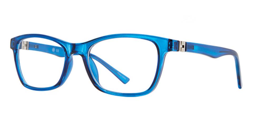 A pair of bright blue rectangular eyewear frames with slightly curved temples. Crafted from durable plastic, the semi-transparent design showcases its sleek aesthetic. The product is named Metro 73 by Vivid.