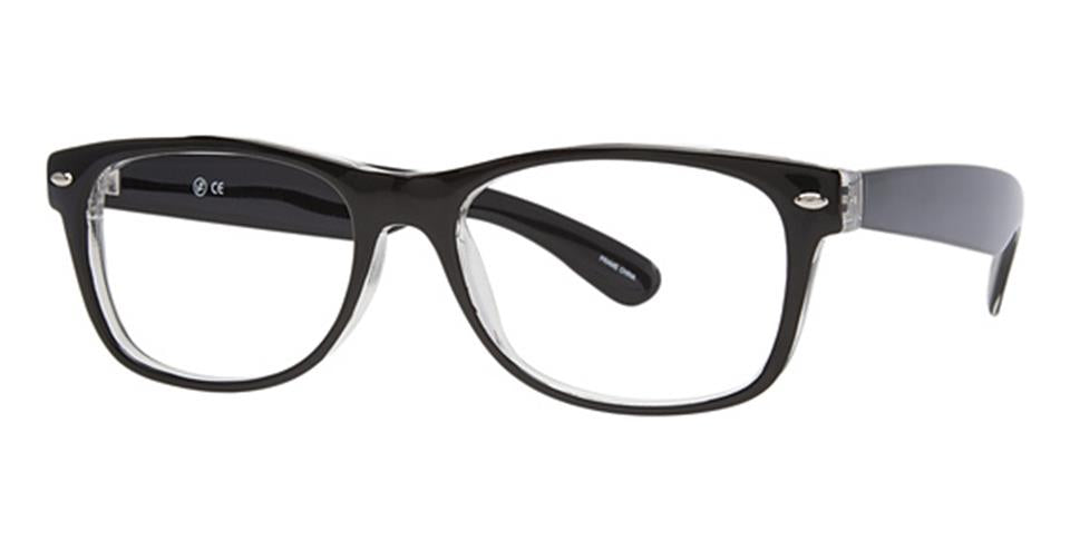 A pair of stylish eyeglasses featuring a semi-transparent two-tone design with black and clear durable plastic frames, perfect for everyday wear. The lenses are rectangular with slightly rounded edges. These are the Soho 101 from Vivid.