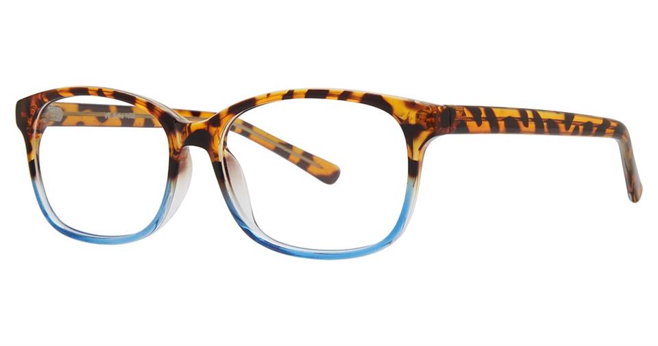 A pair of Vivid Soho 1052 eyeglasses featuring rectangular high-quality plastic frames with a tortoiseshell pattern. The Tortoise Blue Fade design blends from a brown and black mix on the upper half to a translucent blue on the lower half, with matching arms.