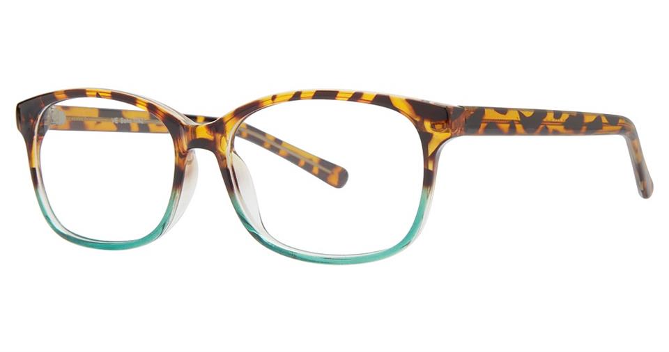 A pair of Vivid Soho 1052 eyeglasses with a tortoiseshell frame featuring a blend of brown, yellow, and black patterns. The lower section of the high-quality plastic frames transitions to a translucent teal color. The Tortoise Blue Fade glasses have a rectangular shape with slightly rounded edges.