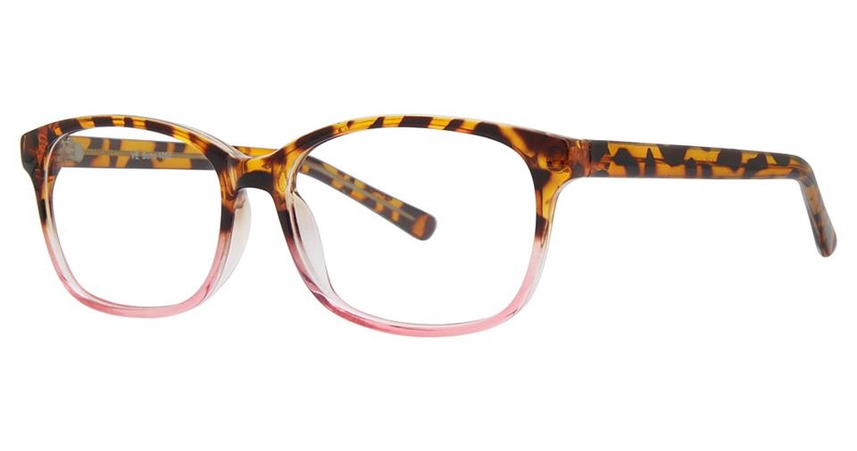 A pair of rectangular eyeglasses, the Soho 1052 by Vivid, featuring a Tortoise Blue Fade pattern on the top half and arms, transitioning to a pink gradient at the bottom of the high-quality plastic frames. The lenses are clear.