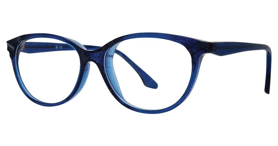 A pair of stylish blue Vivid Soho 1053 eyeglasses with full-rim frames. The high-quality plastic frames have a faint, sparkly design, adding a touch of elegance. The glasses have rounded lenses and slender arms, creating a balance between sophistication and practicality.