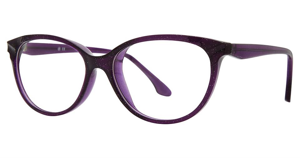 A pair of Vivid Soho 1053 eyeglasses crafted from high-quality plastic, featuring a sleek, modern design with rounded lenses and subtle glitter accents on the purple frames.