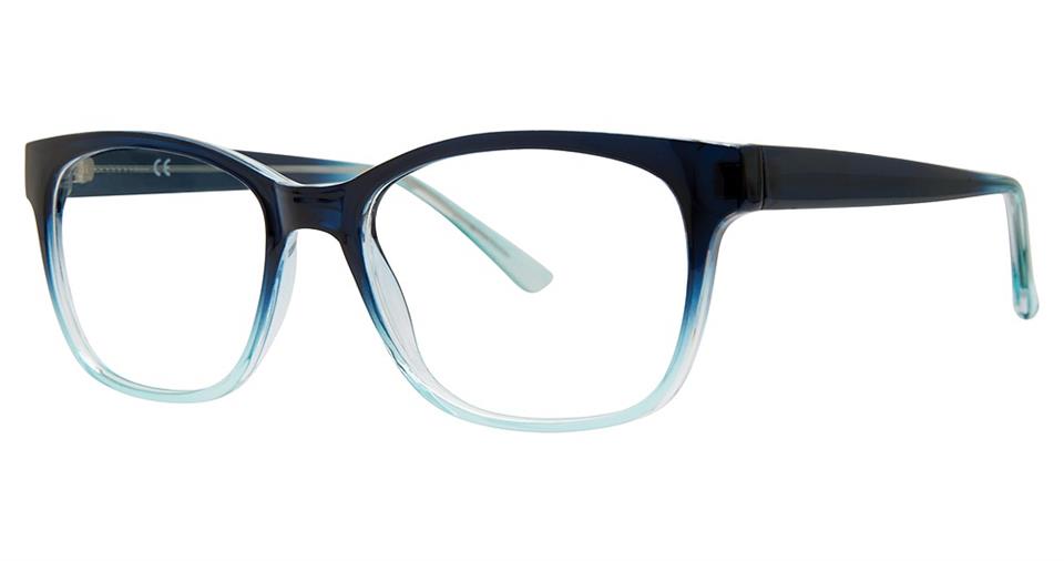 A pair of Vivid Soho 1054 eyeglasses with a gradient blue frame that transitions from dark blue at the top to a lighter blue at the bottom. The rectangular lenses are enclosed in thick, stylish frames. The temples also feature a sleek design and gradient, matching the frame color, exuding modern elegance.