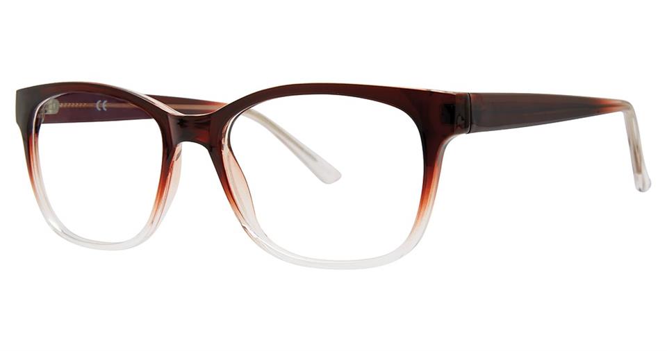A pair of Vivid Soho 1054 eyeglasses with a rectangular frame, featuring a gradient design that transitions from dark brown at the top to clear at the bottom. The arms of these glasses match the frame and are slightly transparent, embodying modern elegance with their sleek design.