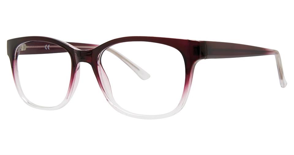 A pair of stylish Vivid Soho 1054 eyeglasses with a gradient frame, transitioning from deep burgundy at the top to clear at the bottom. The glasses embody modern elegance with their rectangular shape and sleek design. The temples also feature a burgundy fade to clear, enhancing their chic appeal.