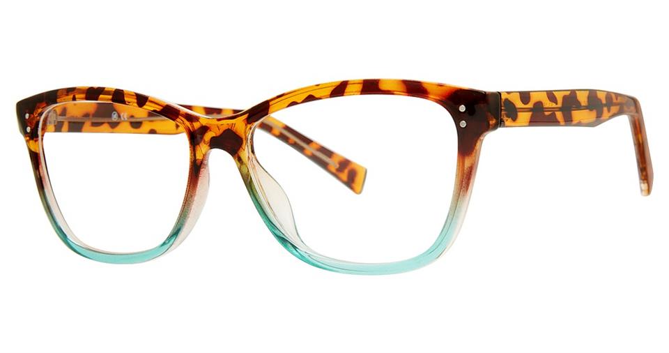 A pair of Vivid Soho 1055 eyeglasses with a unique design featuring a tortoiseshell pattern on the upper half and temples, blending into a translucent light blue on the lower half of the durable, lightweight frames. The style is bold and modern with a slightly cat-eye shape.