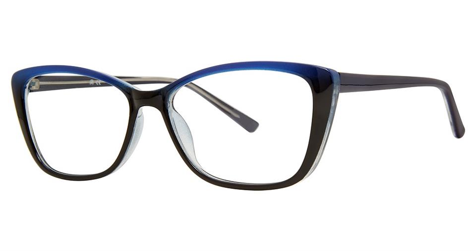 A pair of Vivid Soho 1056 cat-eye eyeglasses with a gradient frame that transitions from black to blue, featuring clear lenses and sleek, curved temples. The bold colors and modern design make them an eye-catching accessory for any fashion-forward individual.