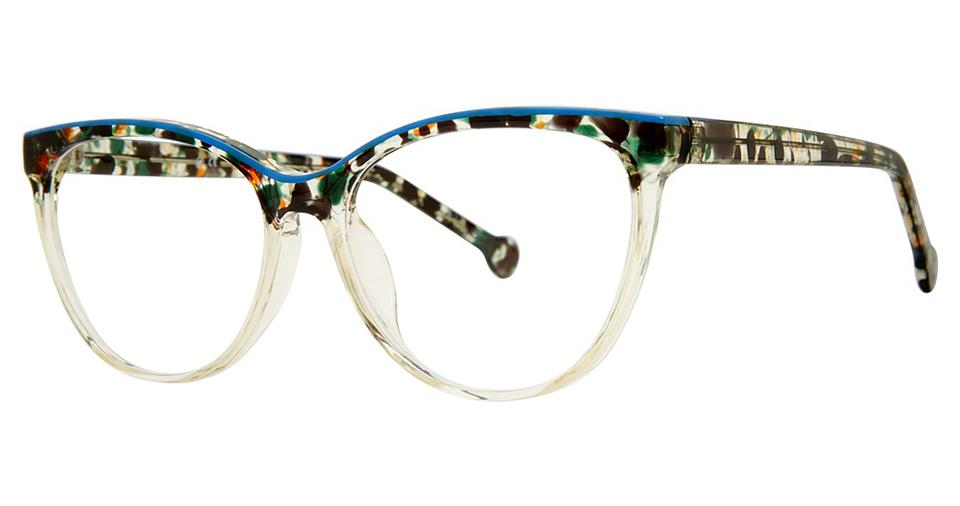 A pair of Vivid Soho 1057 eyeglasses with a multi-colored, patterned frame. The front portion of the frame is primarily a mix of green, blue, and orange hues, and the temples feature a similar pattern with an emphasis on earthy tones. The lenses are clear.
