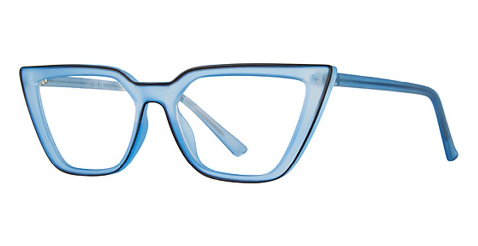 A pair of cat-eye style Vivid Soho 1058 eyeglasses with solid blue frames. The design features sharp, angled corners and thick rims, giving a bold and distinctive look. The temples are straight and match the blue color of the frames, offering lightweight comfort for all-day wear.
