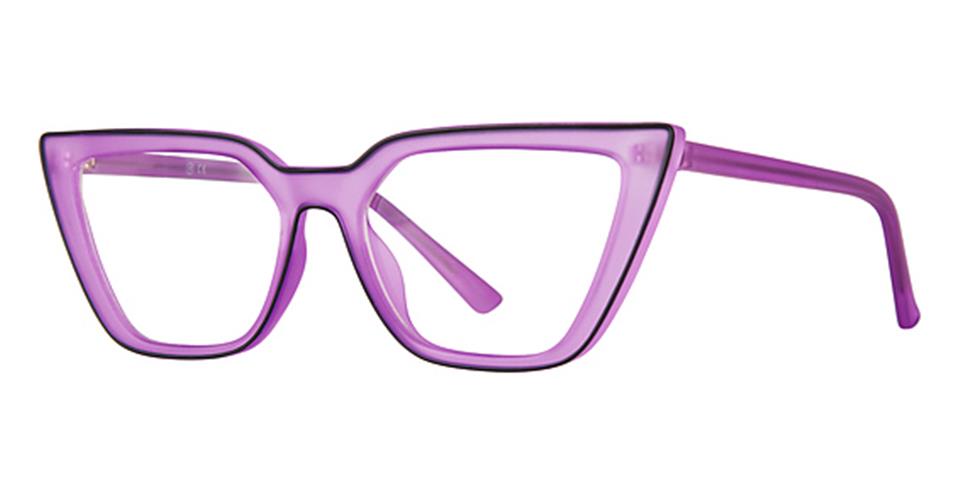 A pair of thick, cat-eye Vivid Soho 1058 eyeglasses with a purple frame. The glasses have a distinct, bold design with pointed corners and straight temples. The lenses are clear, highlighting the unique, stylish shape and vibrant hues of the frames.