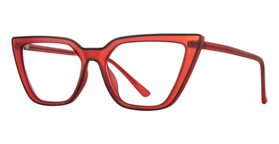 Bold and vibrant, the red Vivid Soho 1058 cat-eye eyeglasses feature a thick frame with angular edges. The large, square lenses give them a distinctive and stylish appearance. The slender arms match the frame’s color, offering lightweight comfort for all-day wear.