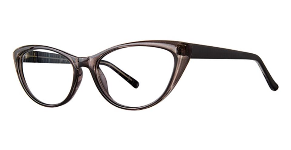A pair of women's cat-eye glasses with dark, translucent frames and clear lenses. The distinctive cat-eye shape features upswept outer edges, giving them a retro-inspired look. Made from durable lightweight plastic, the Vivid Soho 1059 eyeglasses boast thin arms that match in color for classic sophistication.