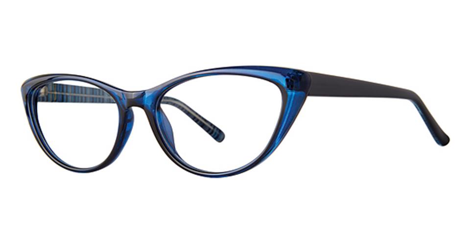 A pair of Vivid Soho 1059 eyeglasses with a blue cat-eye frame. The arms, made from durable lightweight plastic, are black and fade into an intricate striped design at the hinges. The clear lenses complement the overall look, exuding classic sophistication while remaining stylish and modern.