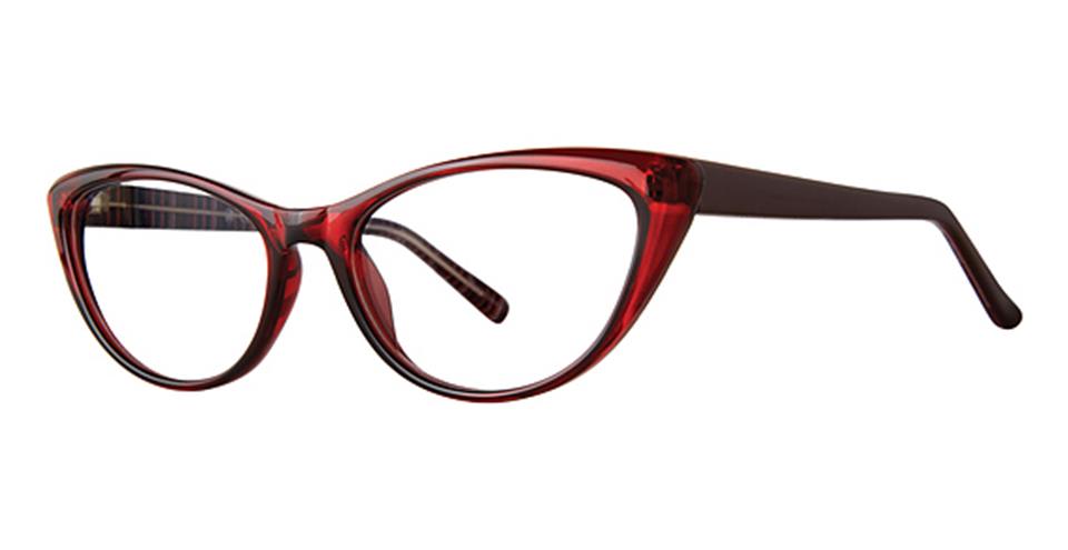 A pair of stylish, red cat-eye glasses with a slim frame and slightly pointed corners. The temples are dark and slightly thicker, providing a bold yet elegant look. These Vivid Soho 1059 eyeglasses embody classic sophistication while being crafted from durable lightweight plastic for lasting comfort.