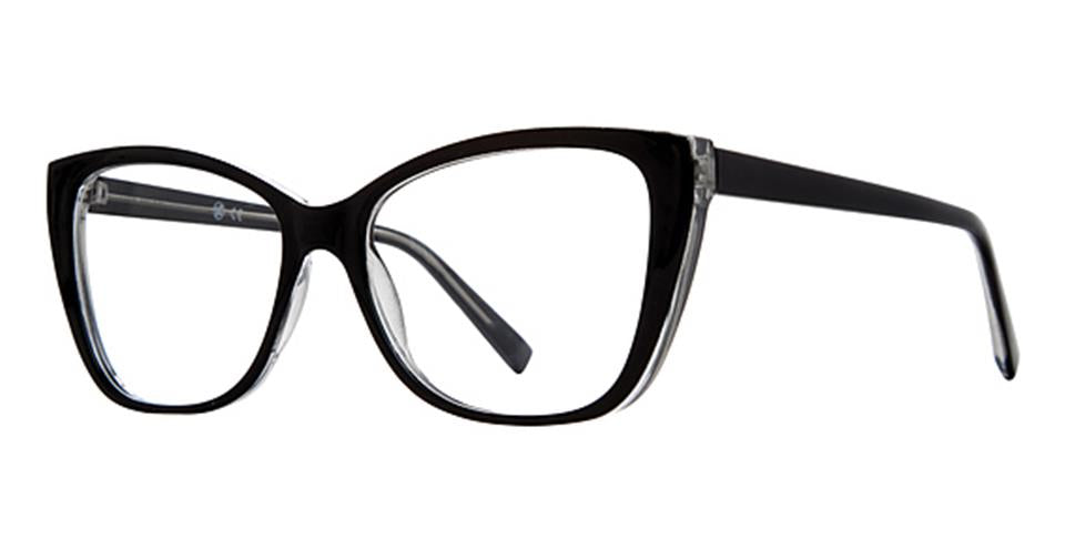 A pair of black, cat-eye Vivid Soho 1060 eyeglasses with clear lenses. The frames are bold and stylish, with pointed edges at the top corners, giving a distinctive and fashionable look. The temples are sleek and taper towards the earpieces, embodying timeless elegance in their contemporary design.