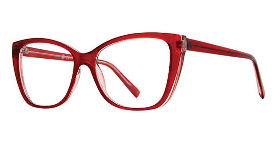 A pair of stylish red eyeglasses with a slight cat-eye shape. The frames are thick and glossy, embodying the contemporary design of the Vivid Soho 1060 eyeglasses. They taper into sleek, straight arms, combining modern flair with timeless elegance. The lenses are clear and rectangular.