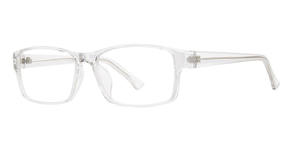 A pair of transparent, rectangular Vivid Soho 1061 eyeglasses with a clear frame. The lenses are also clear, and the arms of the glasses are slightly curved at the ends. The overall design is simple and modern, featuring durable plastic frames.