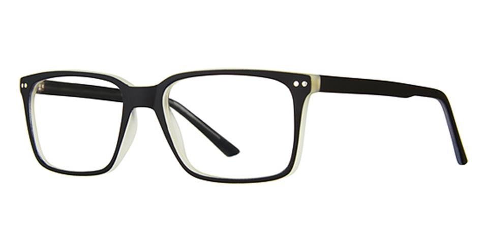 The Vivid Soho 1062 eyeglasses feature a contemporary design with rectangular black frames and clear lenses. A subtle gradient effect transitions from black at the top to a lighter shade at the bottom. The solid black temples, equipped with lightweight comfort, showcase a small, silver-colored pin near the hinges.