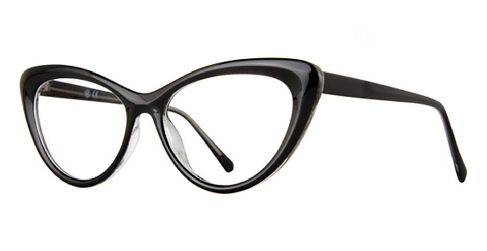 Black cat-eye glasses with clear lenses and a sleek, glossy frame. The design has a distinct upward angle at the outer edges, creating a vintage, stylish look. With durable lightweight frames, the Vivid Soho 1074 eyeglasses offer modern sophistication. The arms are straight and taper slightly towards the ear.