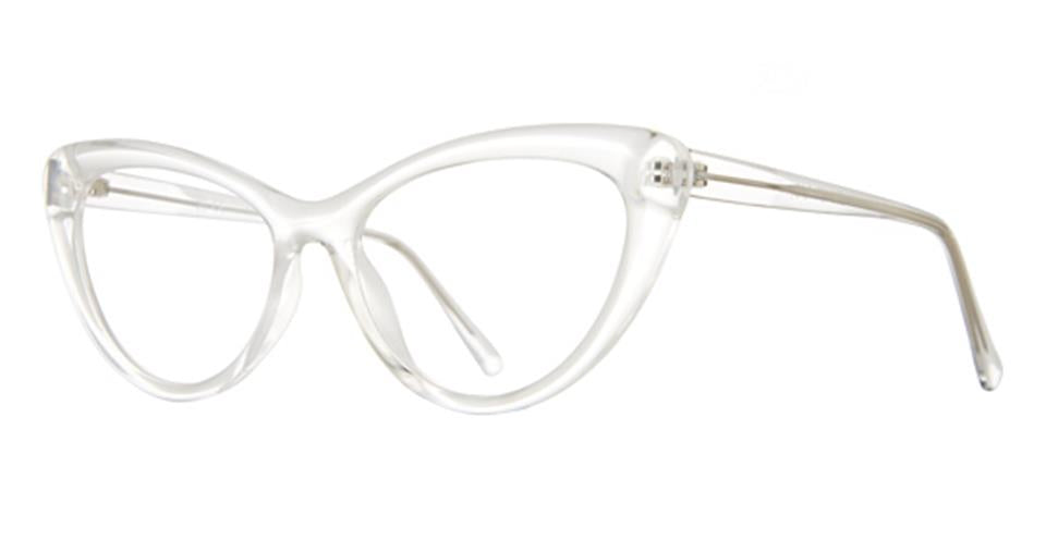 Clear, cat-eye style Vivid Soho 1074 eyeglasses with a sleek and modern design. The glasses feature slightly curved, pointed ends and thin, transparent arms. The lenses are oval-shaped, fitting snugly within the durable lightweight frames, exuding a touch of modern sophistication.