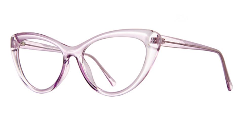 A pair of cat-eye glasses with translucent purple frames and matching arms, featuring a sleek and curved design. The lenses are clear, and the glossy material ensures durable lightweight frames that exude modern sophistication. Introducing the stylish Vivid Soho 1074 eyeglasses.
