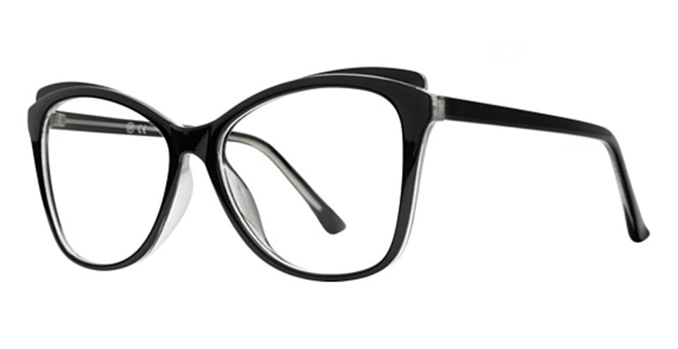 A pair of black, cat-eye eyeglasses with thick frames. The glasses feature a slight flare at the top corners, adding a distinctive and stylish touch to the design. Crafted with durable lightweight frames, these Soho 1075 eyeglasses by Vivid embody contemporary style while ensuring lasting comfort.