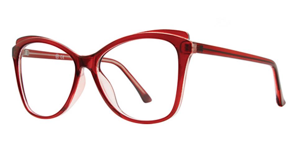 A pair of red cat-eye Soho 1075 eyeglasses by Vivid with a sleek, modern design. The frames are glossy and have slightly pointed tips at the outer edges, exuding a contemporary style. The arms are also red and slightly curved, featuring durable lightweight frames for added comfort.