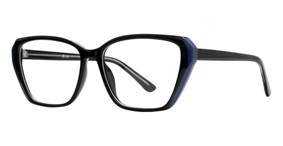 The Vivid Soho 1076 eyeglasses feature a pair of black rectangular frames with a slightly cat-eye shape and dark blue accents on the sides. Crafted from durable plastic, the bold design extends to the black temples and clear lenses.