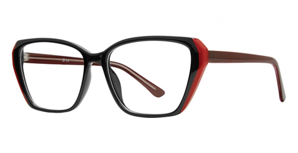 The Vivid Soho 1076 eyeglasses feature large, square lenses and a bold design with a predominantly black frame accented by red on the edges. The temples are brown with a slight curve at the ends, all crafted from durable plastic.